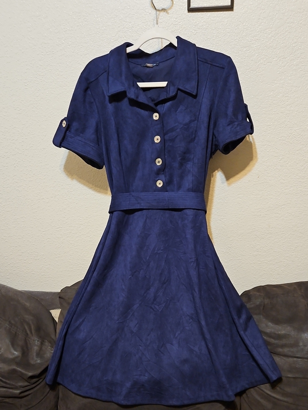 Tommy Hilfiger Suede Like Navy Button-Front Midi Dress with Belt